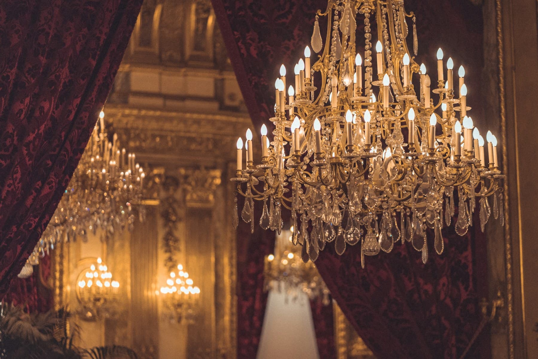 Crystal chandelier glowing in a warm interior